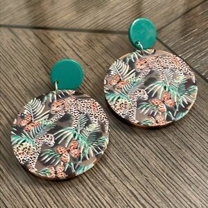 Round Jungle Print Dangle Earrings Safari Tropical Design